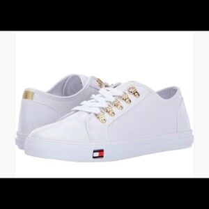 Tommy Hilfiger White Low-Top Sneakers with Gold Eyelets Sz 9